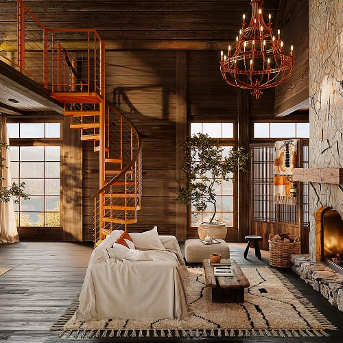 Indoor spiral staircase in an orange painted finish inside a timber-framed living room