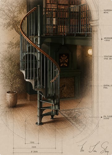 Sketch drawing of an American Industrial spiral staircase with dark metal frame and wood handrail, set in a library mezzanine with structural dimension annotations