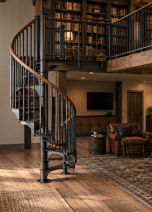 American Industrial spiral staircase with a wood handrail in a barndominium home library loft with built-in bookshelves