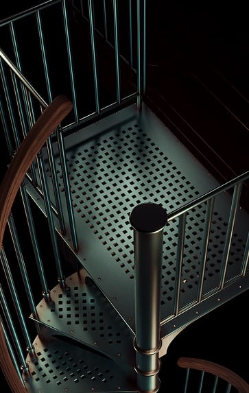 American Industrial spiral staircase perforated steel landing, overhead detail view