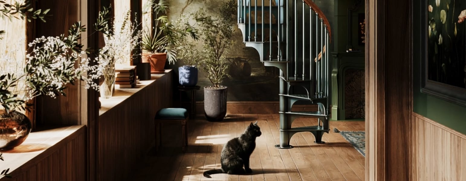 American Industrial spiral series staircase with wood handrail in a decorated hallway, with a cat sitting nearby on the wood floor