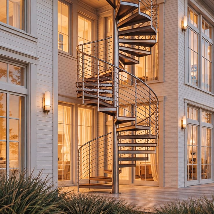 Exterior metal spiral staircase with wood treads on a white coastal home, with a deck and ocean view at sunset
