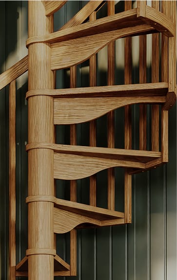 Carpenter spiral staircase continuous oak wood collar with stacked treads and spindle railing