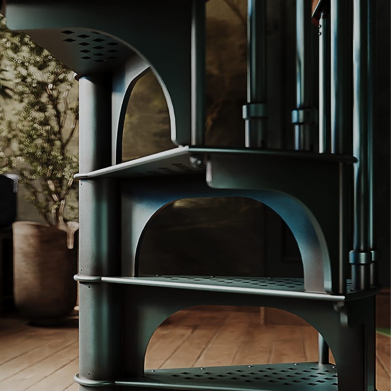 Close-up of an American Industrial Spiral series staircase with star bolt detail