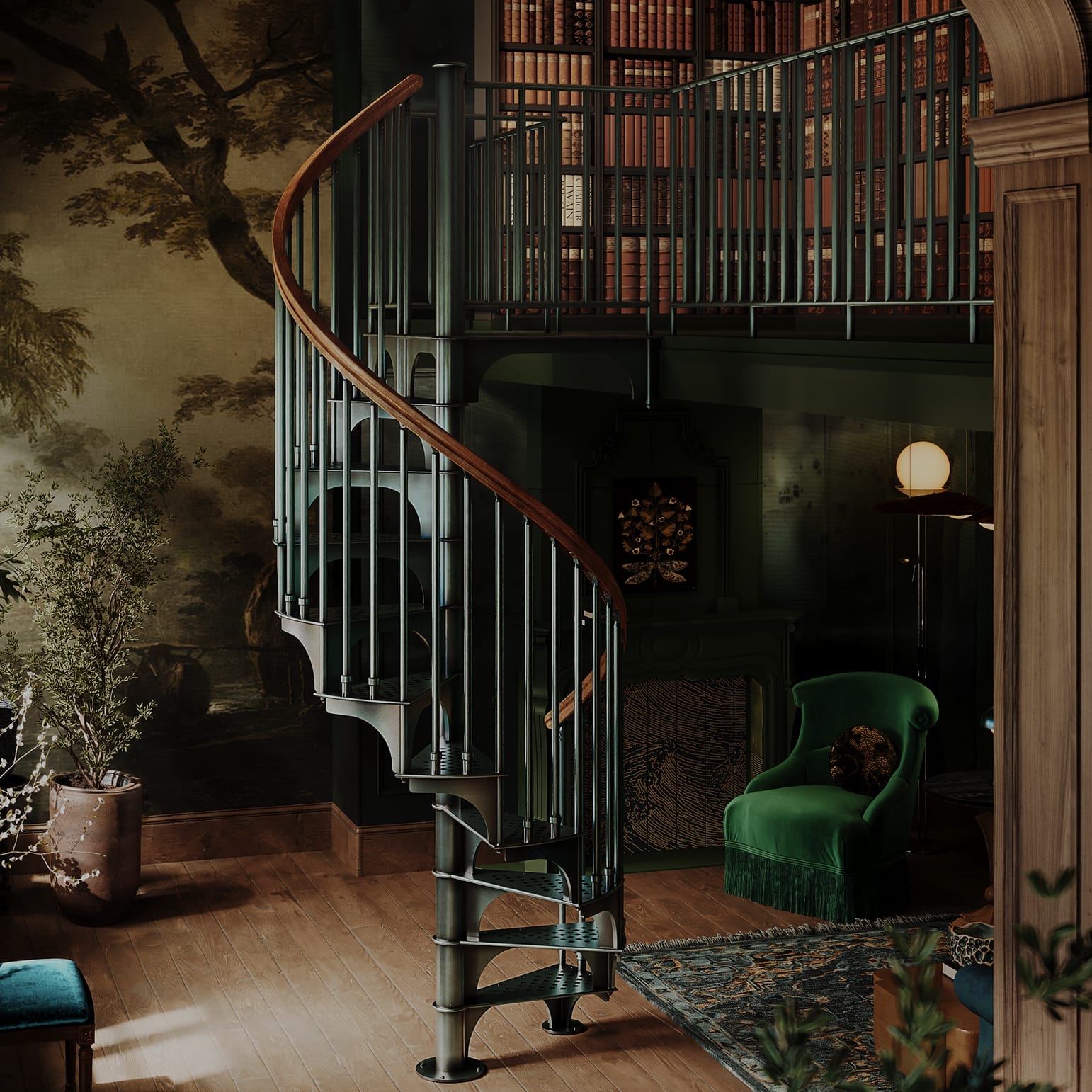 American Industrial Spiral series staircase with a wood handrail in a library setting with built-in bookshelves and a green armchair