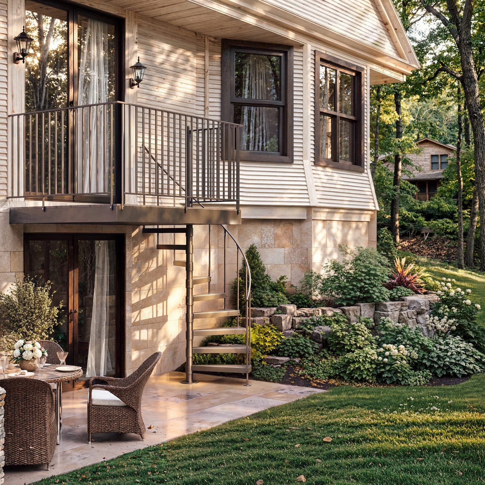Outdoor Half Turn spiral staircase connecting a stone patio to a second-floor balcony, with dark metal treads and spindle railing.