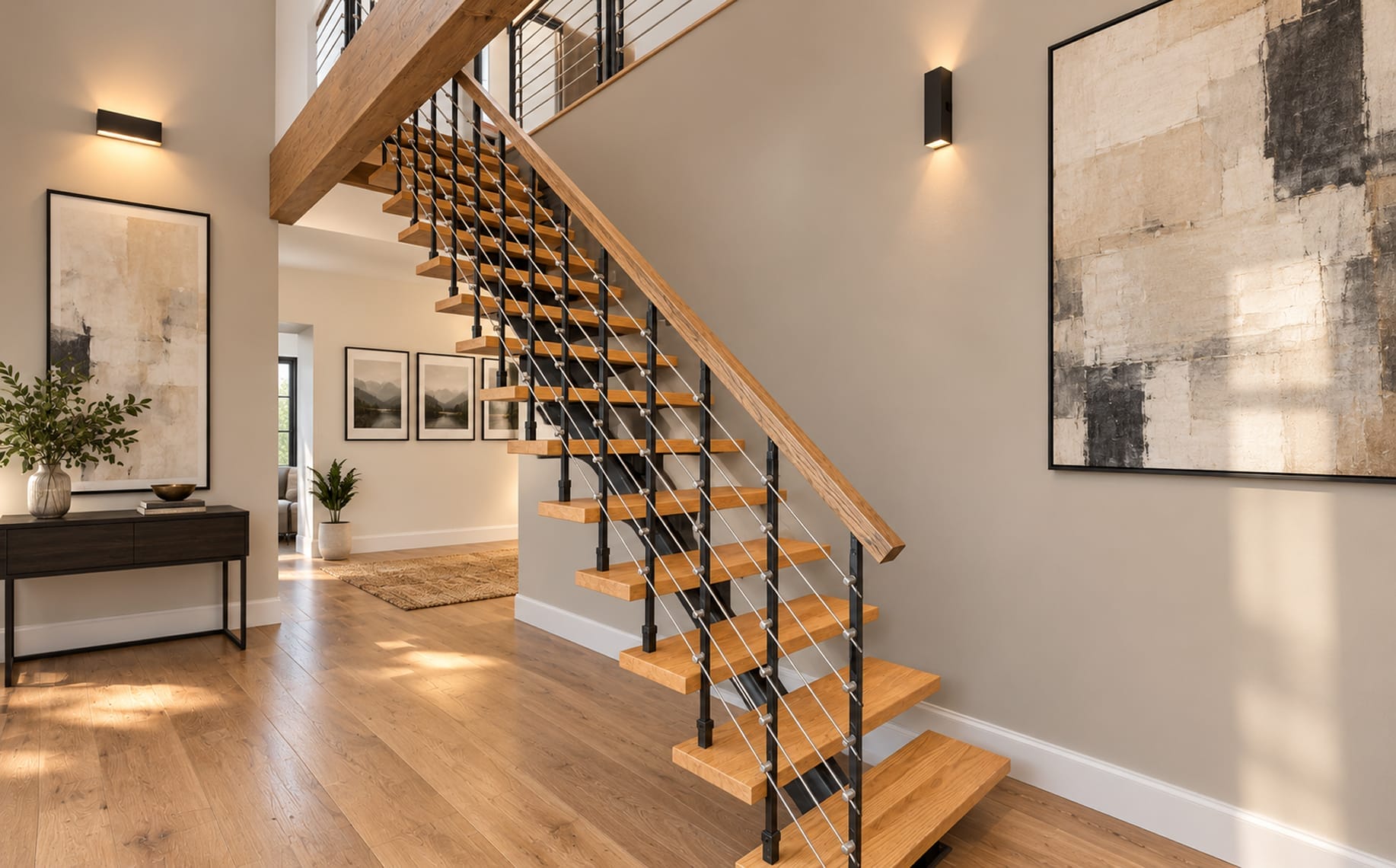 Indoor floating staircase with wood treads and cable railing in a two-story entryway