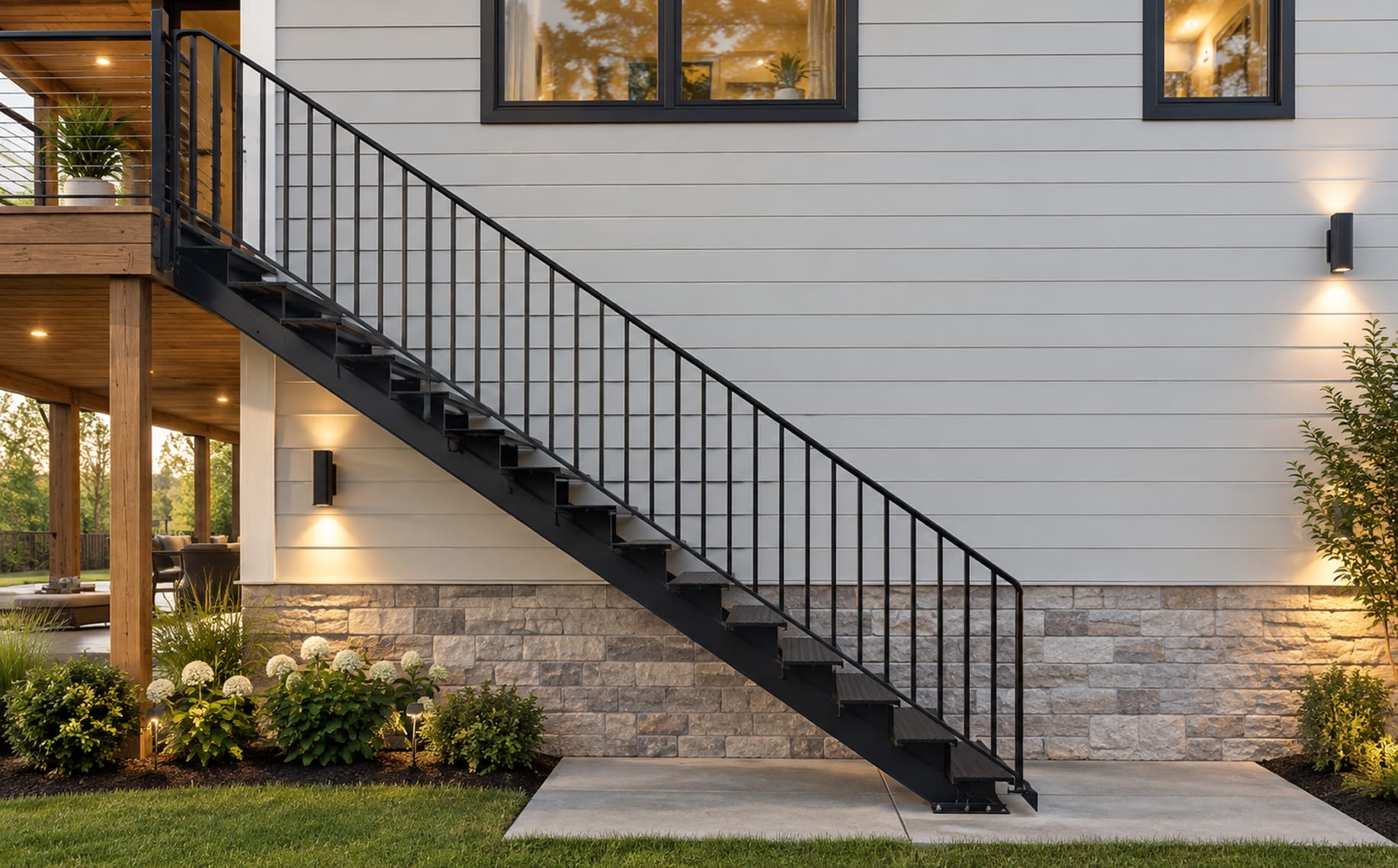 Outdoor floating staircase with black metal railing leading from a deck to a backyard patio