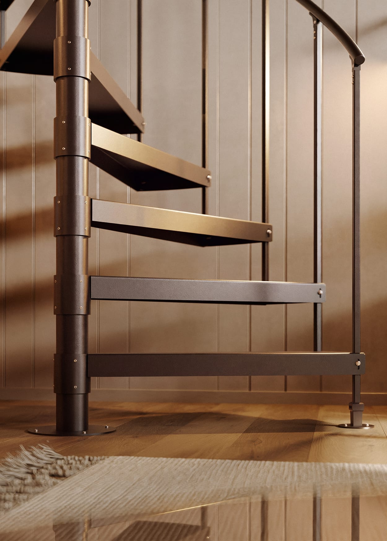 Half Turn spiral staircase in a bronze finish, tread and center pole detail