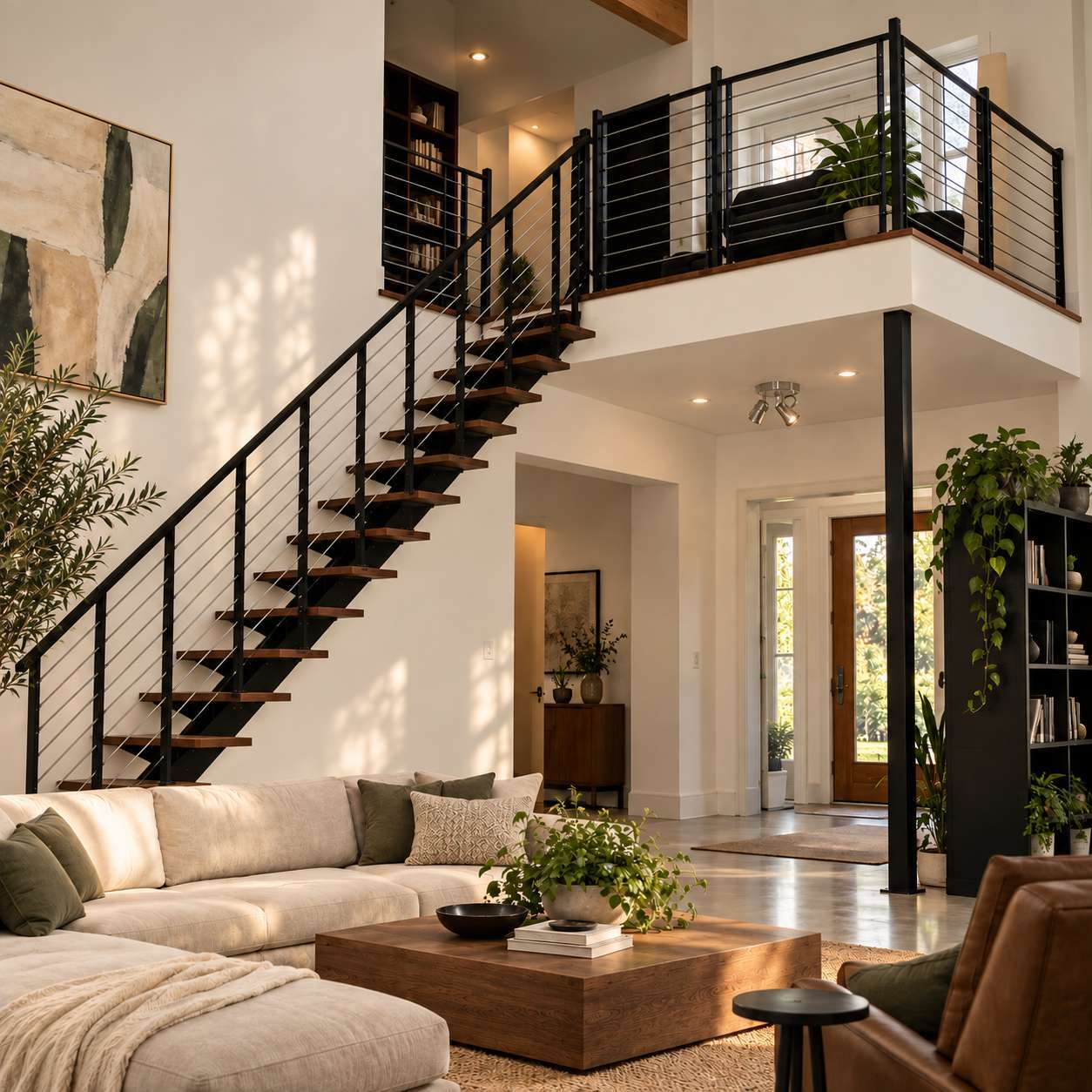 Mult-line floating staircase with wood treads leading to a loft