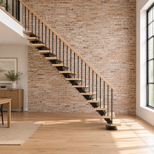 Floating staircase with wood treads and black metal spindles against an exposed brick wall