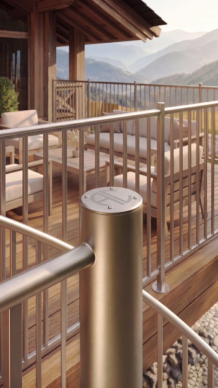 Close-up of an engraved monogram post cap on a metal deck railing overlooking mountain views