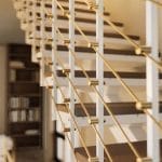 Close-up of a floating staircase's multi-line rod railing