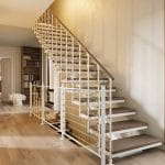 Floating staircase with open wood treads, white steel frame, and multi-line rod railing in a light oak hallway