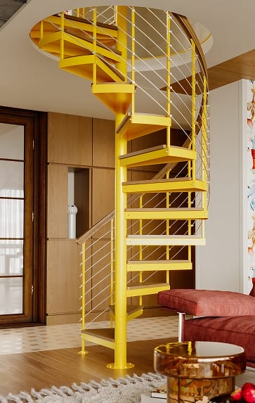 Multi-Line spiral staircase in a custom yellow finish with multi-line rod railing in a modern living room