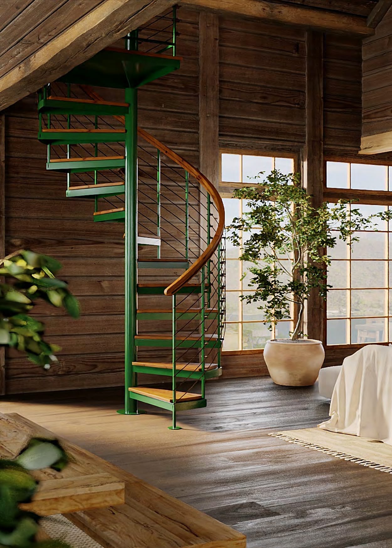 Multi-Line spiral staircase in a green painted finish inside a rustic wood-paneled loft