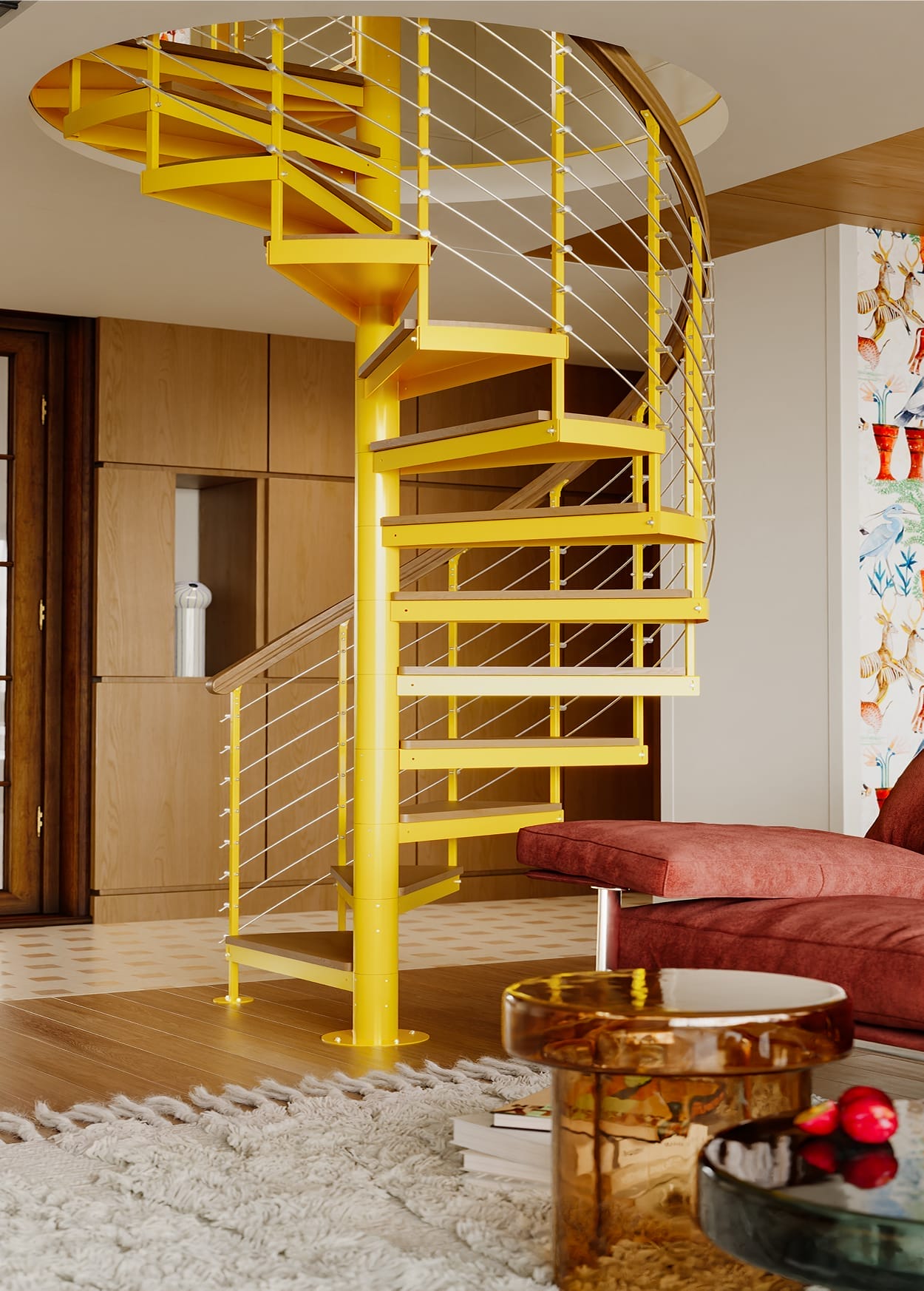 Multi-Line spiral staircase in a yellow painted finish with wood treads in a modern living room