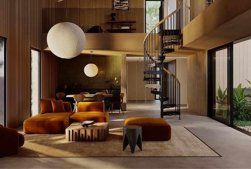 Black metal spiral staircase with wood handrail in a wood-paneled living room with a loft above