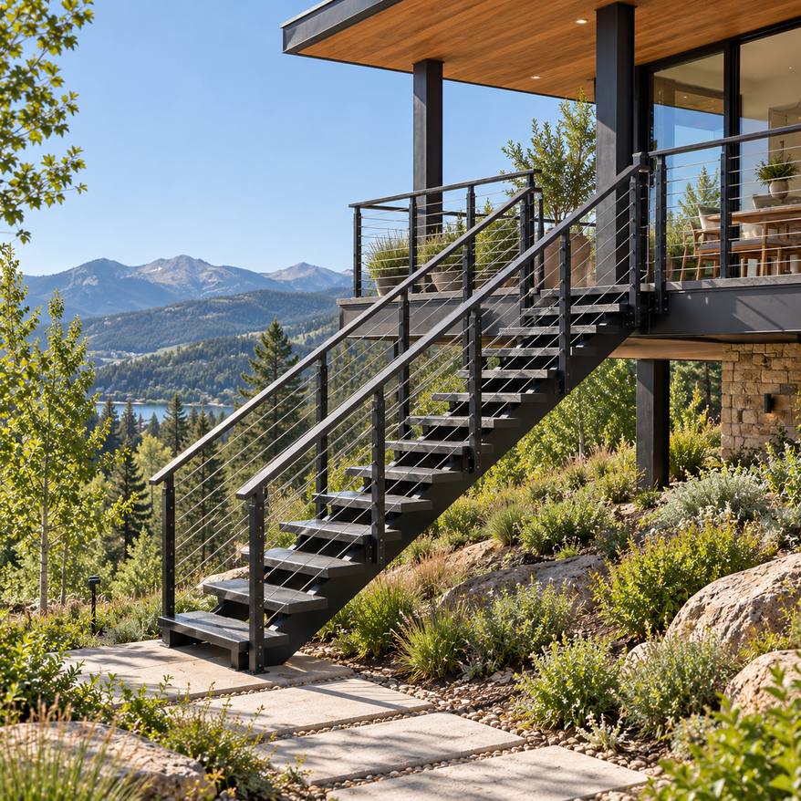 Outdoor floating staircase leading from a stone walkway to a second-floor deck