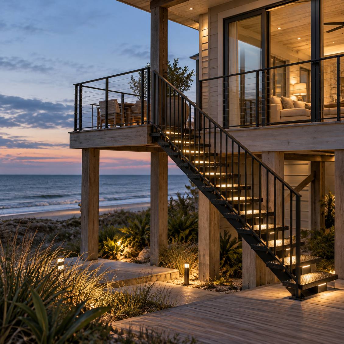 Outdoor floating staircase on a coastal property with a view of the sunset