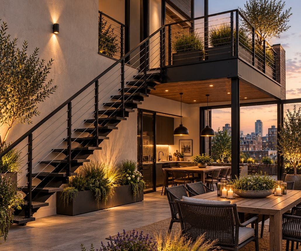 Outdoor floating staircase with multi-line rod railing leading from an outdoor terrace to a upstairs balcony