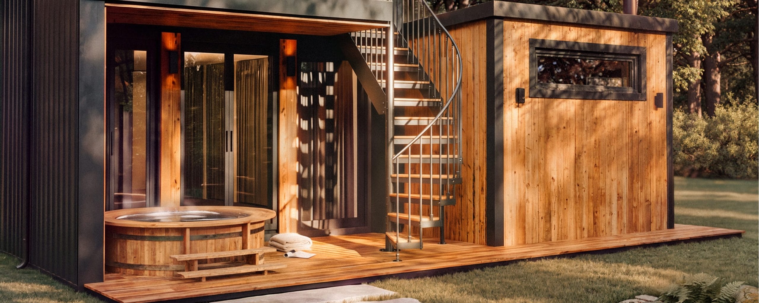 Outdoor combination staircase leading up the exterior of a modern wood-paneled cabin