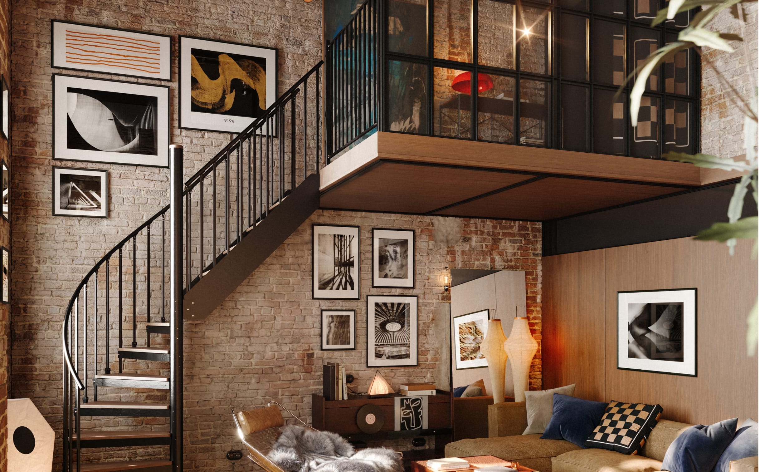 Combination staircase with a curved lower flight transitioning into a straight run leading to a loft