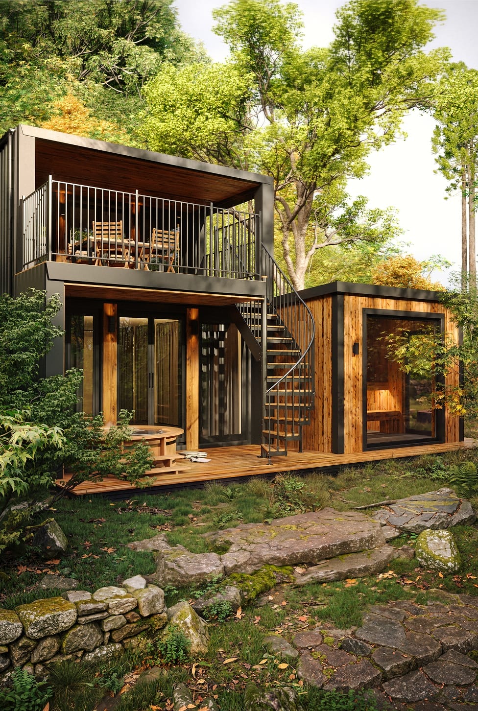 Combination staircase connected an outdoor deck to a porch on a house in the woods
