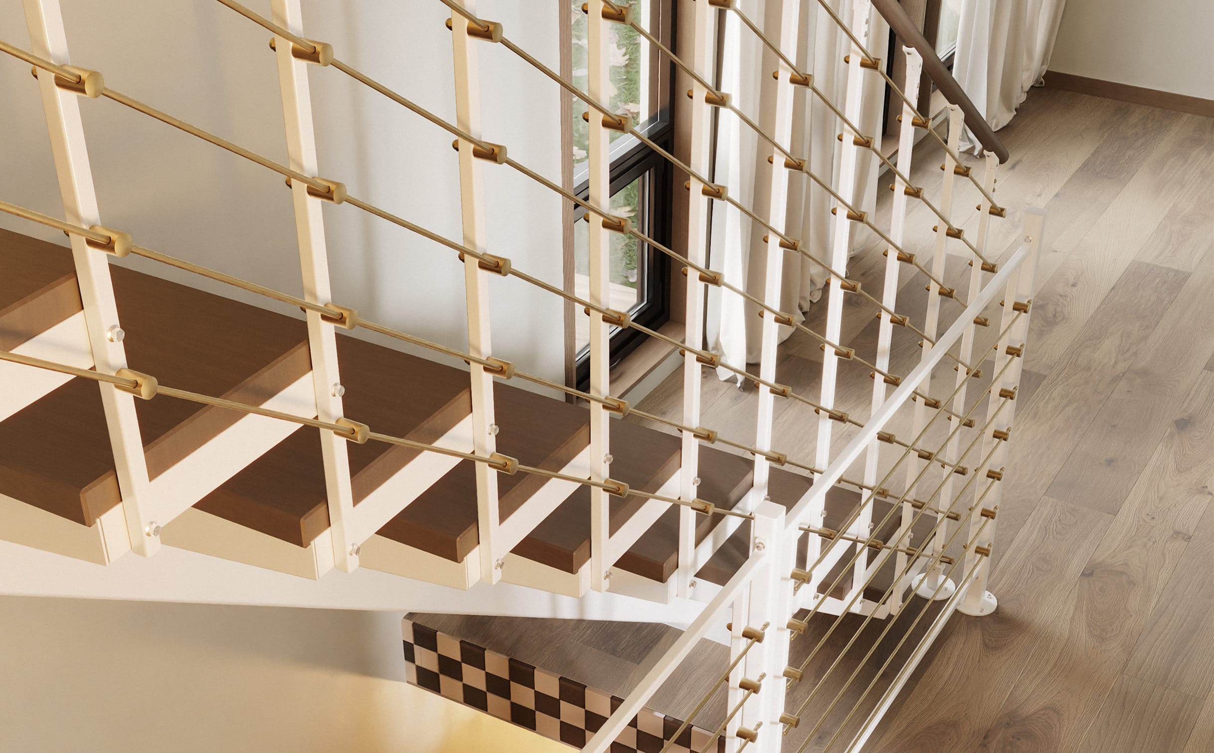 Floating staircase with open wood treads and an ornate metal railing beneath a skylight
