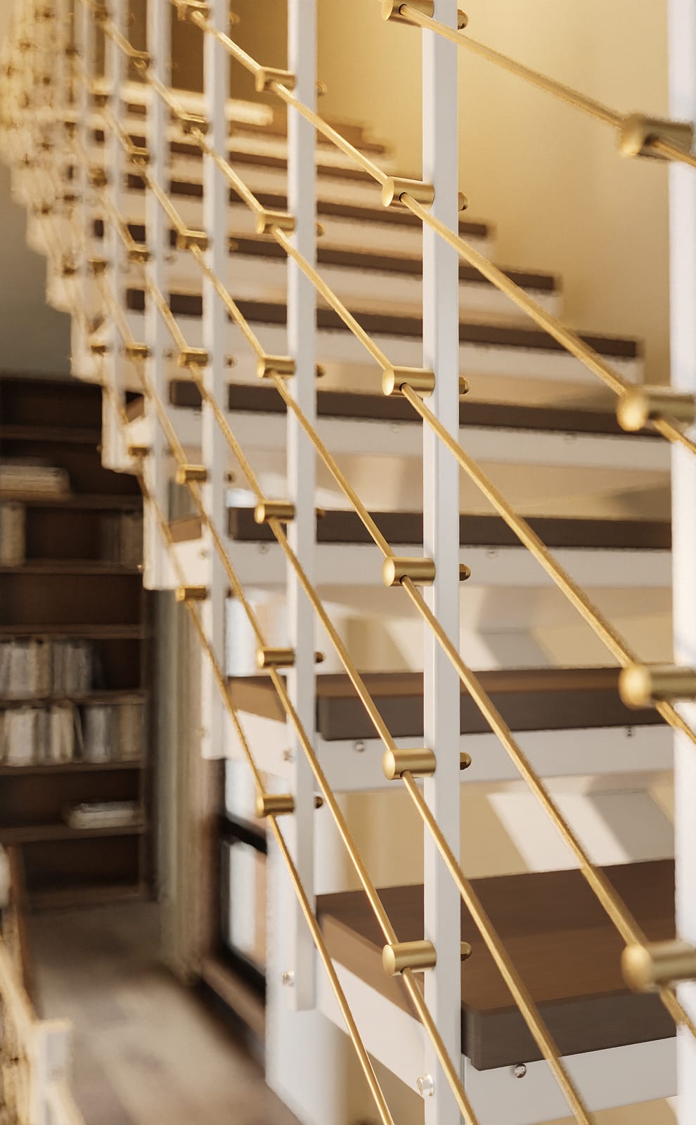 Multi-Line floating staircase with wood treads and multi-line rod railing