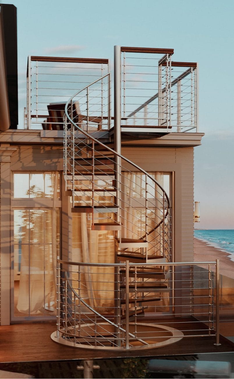 Multi-Line spiral staircase with multi-line rod railing on a beach house rooftop deck