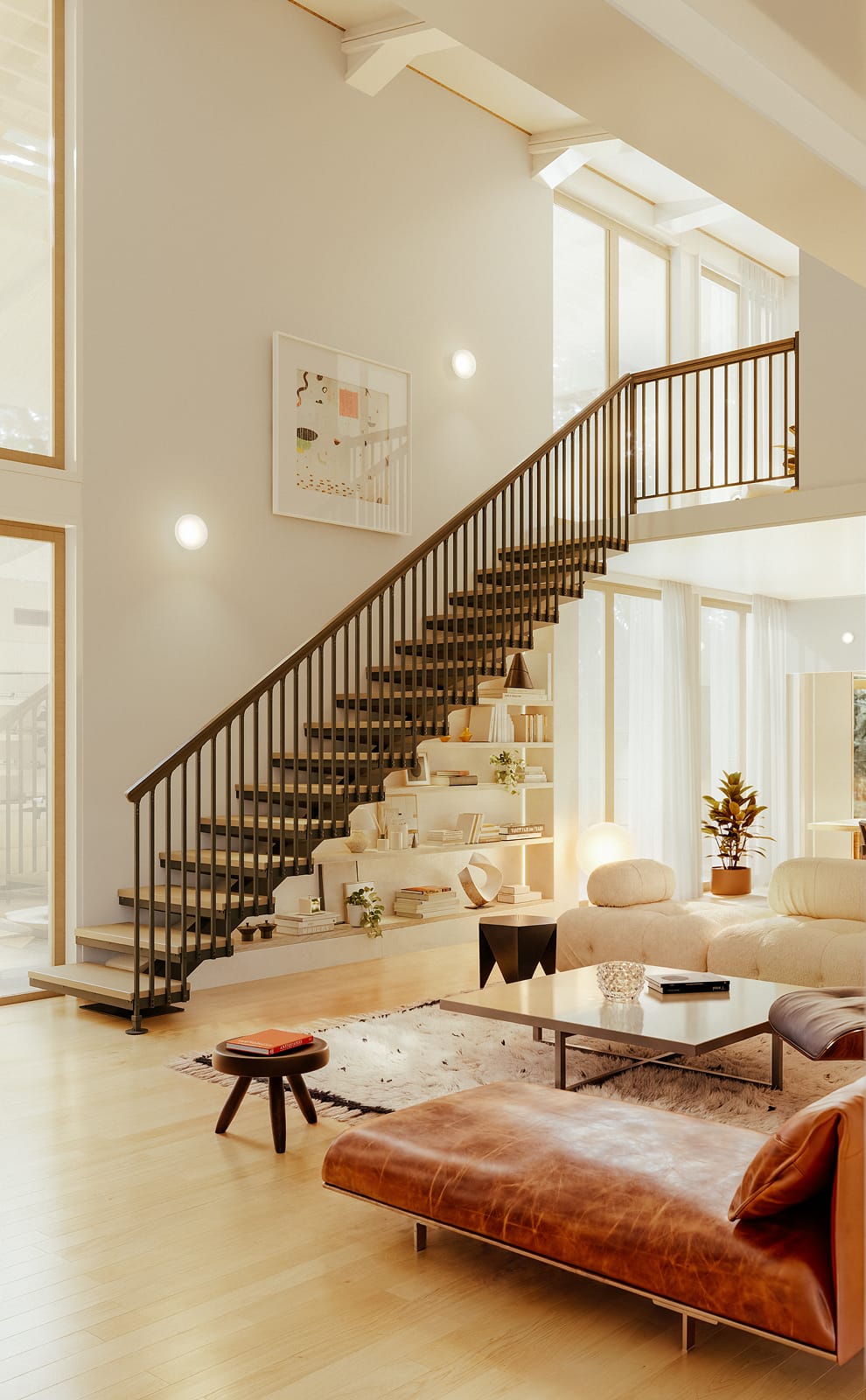 Standard floating staircase with a wood handrail and single stringer