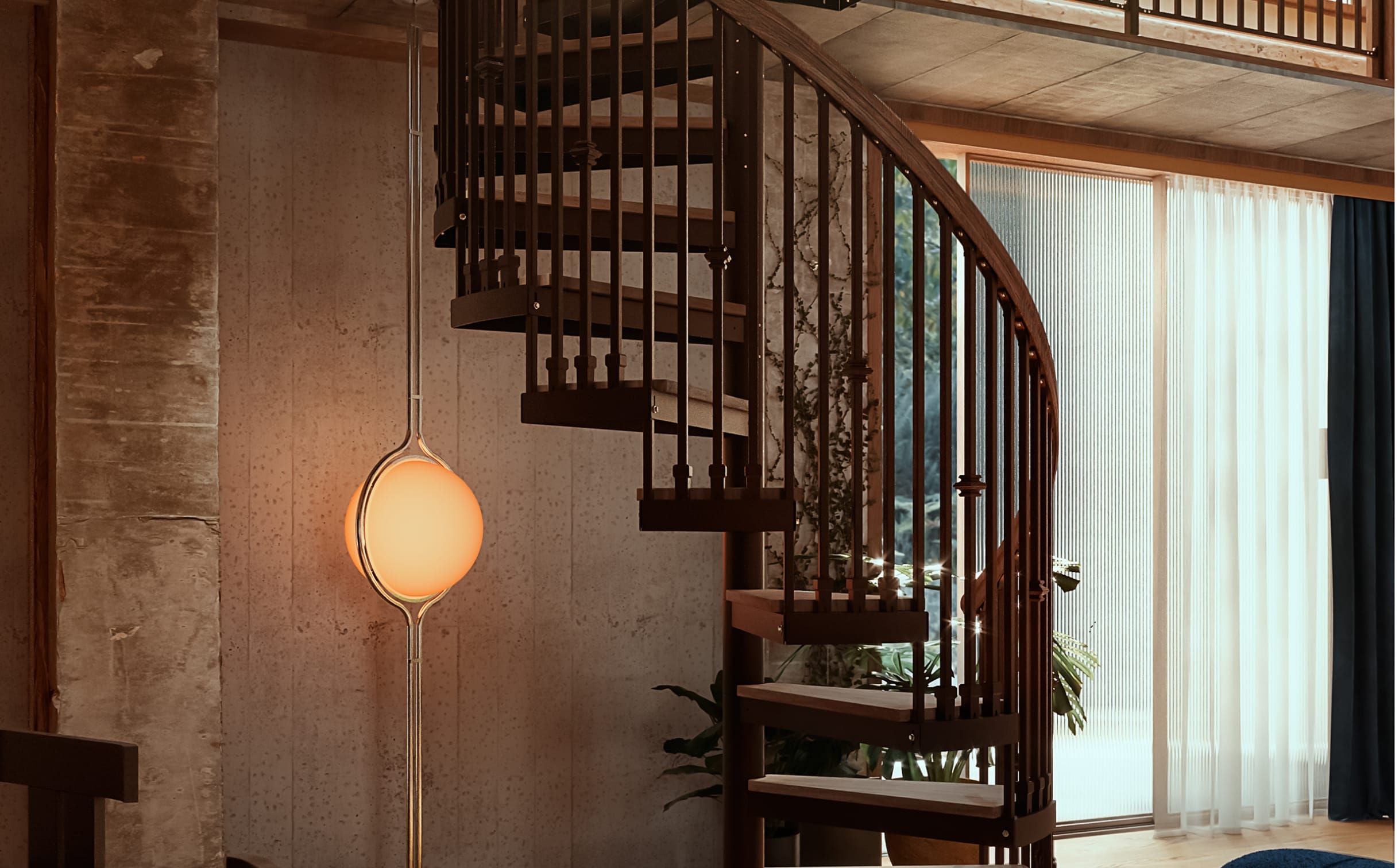 Oil rubbed bronze spiral staircase with wood treads leading to a loft in a modern interior