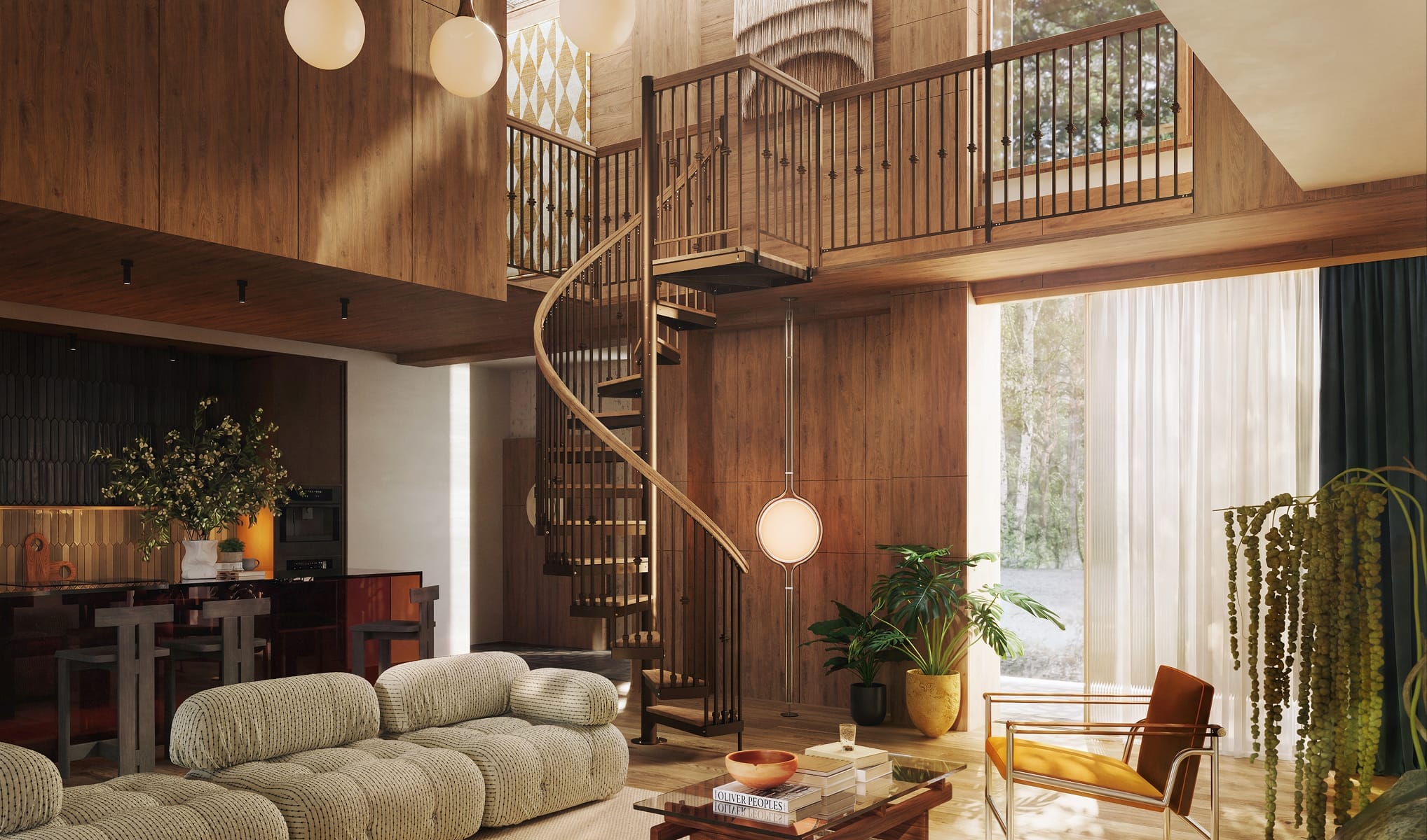 Compact wood and metal spiral staircase connecting a loft to a wood-paneled living room with a plush sofa and warm pendant lighting