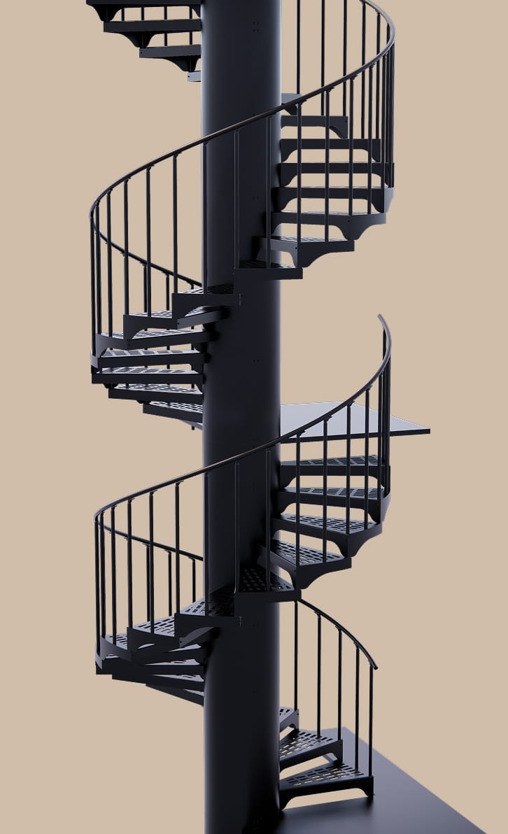 Rendering of a custom 30-foot, continuous spanning spiral staircase that wraps around a major building column