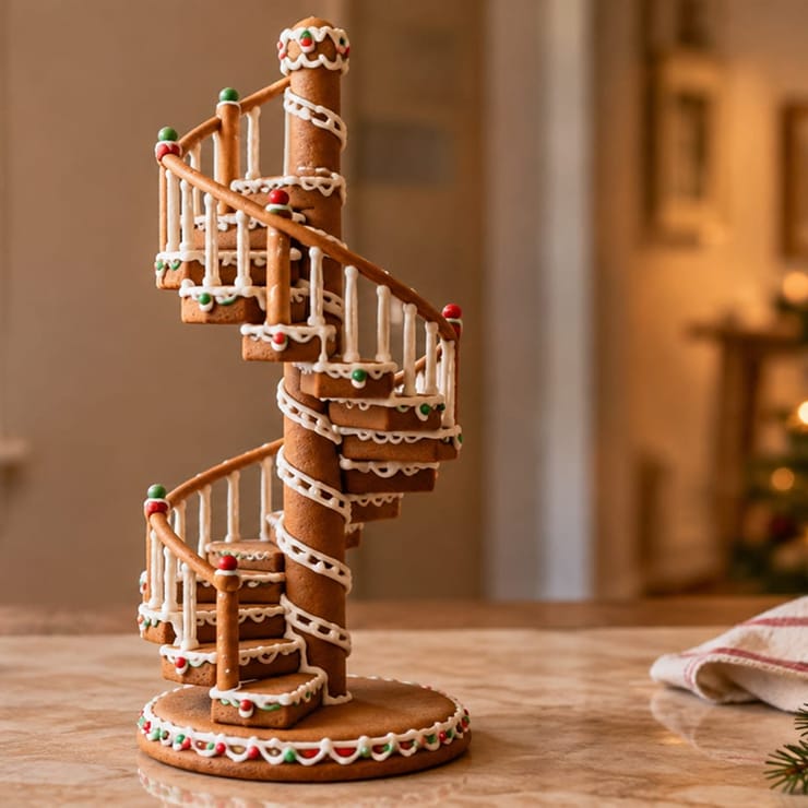 Gingerbread spiral staircase decorated with icing and candy, displayed on a marble counter near a Christmas tree