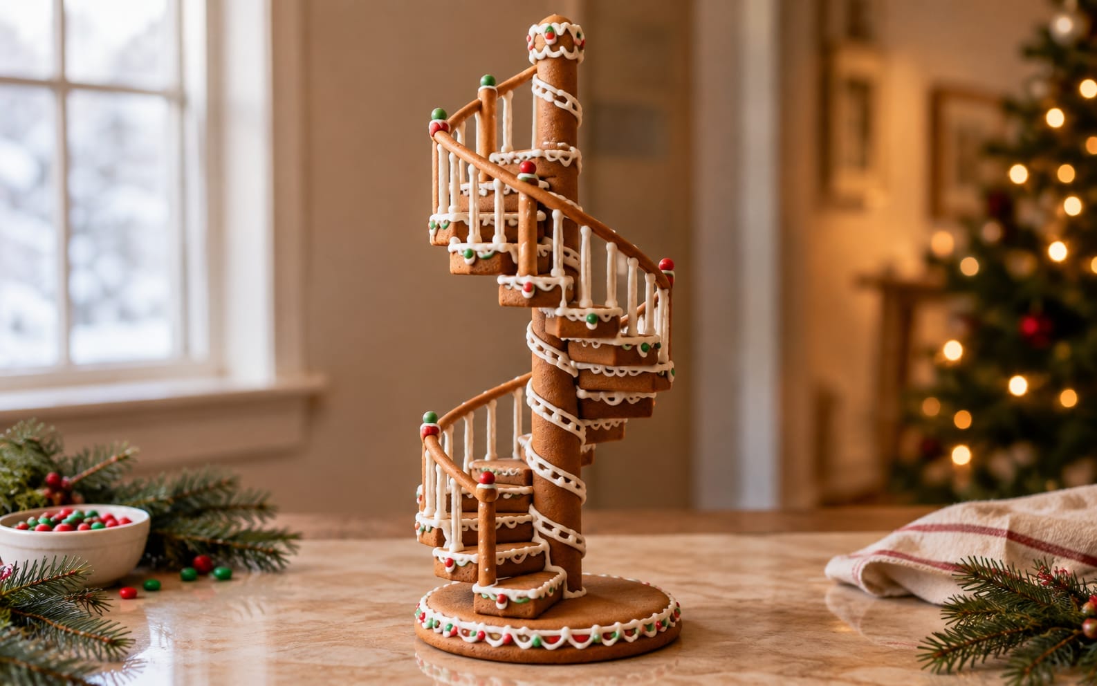 Gingerbread spiral staircase decorated with icing and candy, displayed on a marble counter near a Christmas tree