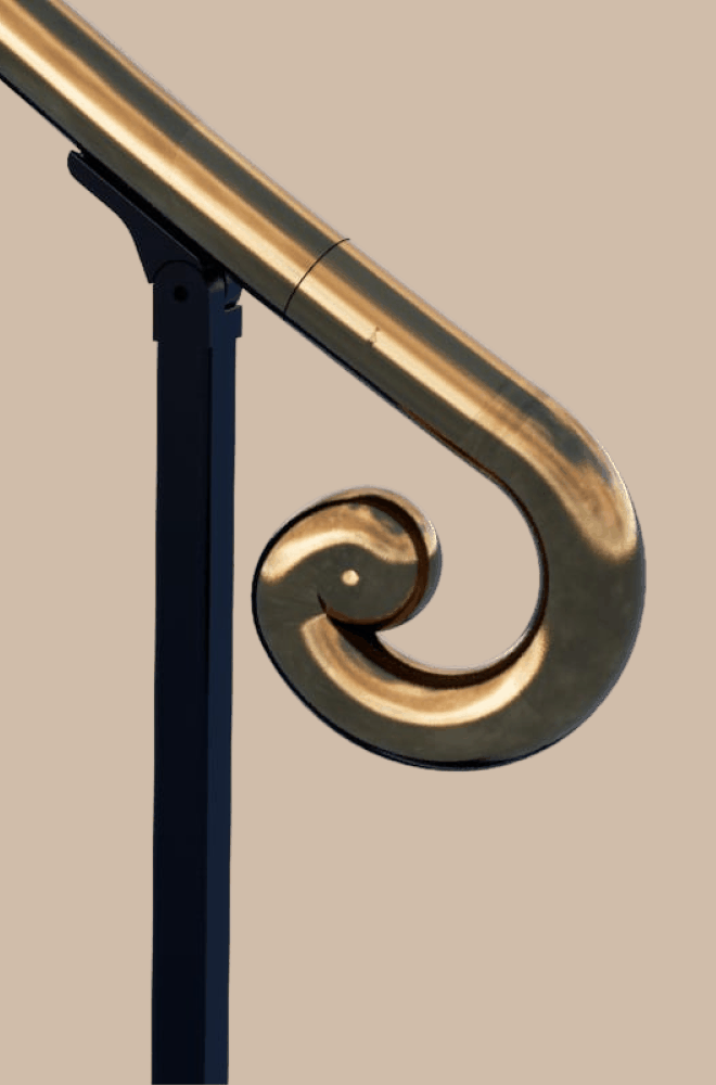 Scroll end handrail accessory in brass for Victorian spiral staircase