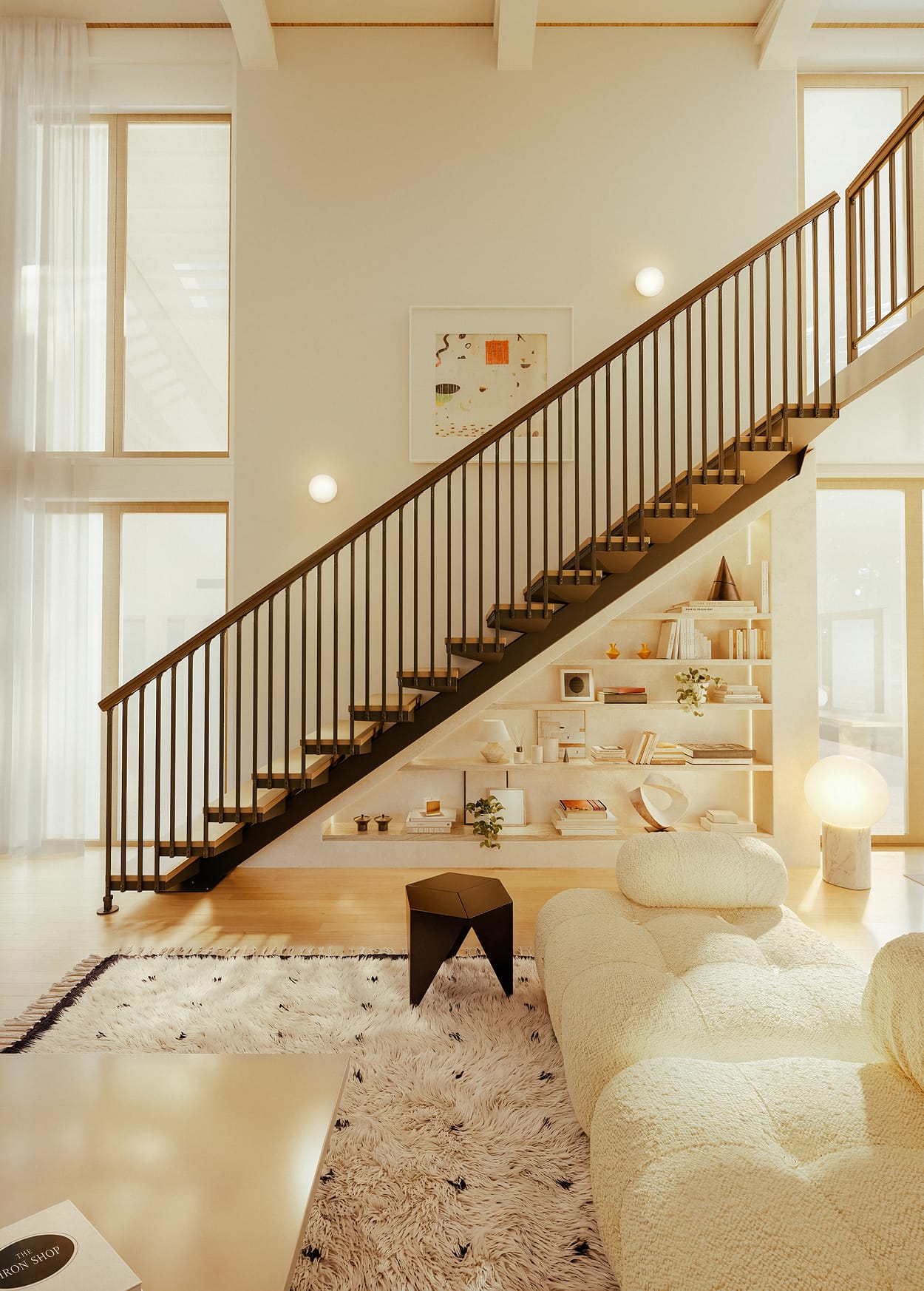 Side view of a Standard Floating staircase with open-riser wood treads, showing built-in shelving in the wall beneath the stairs