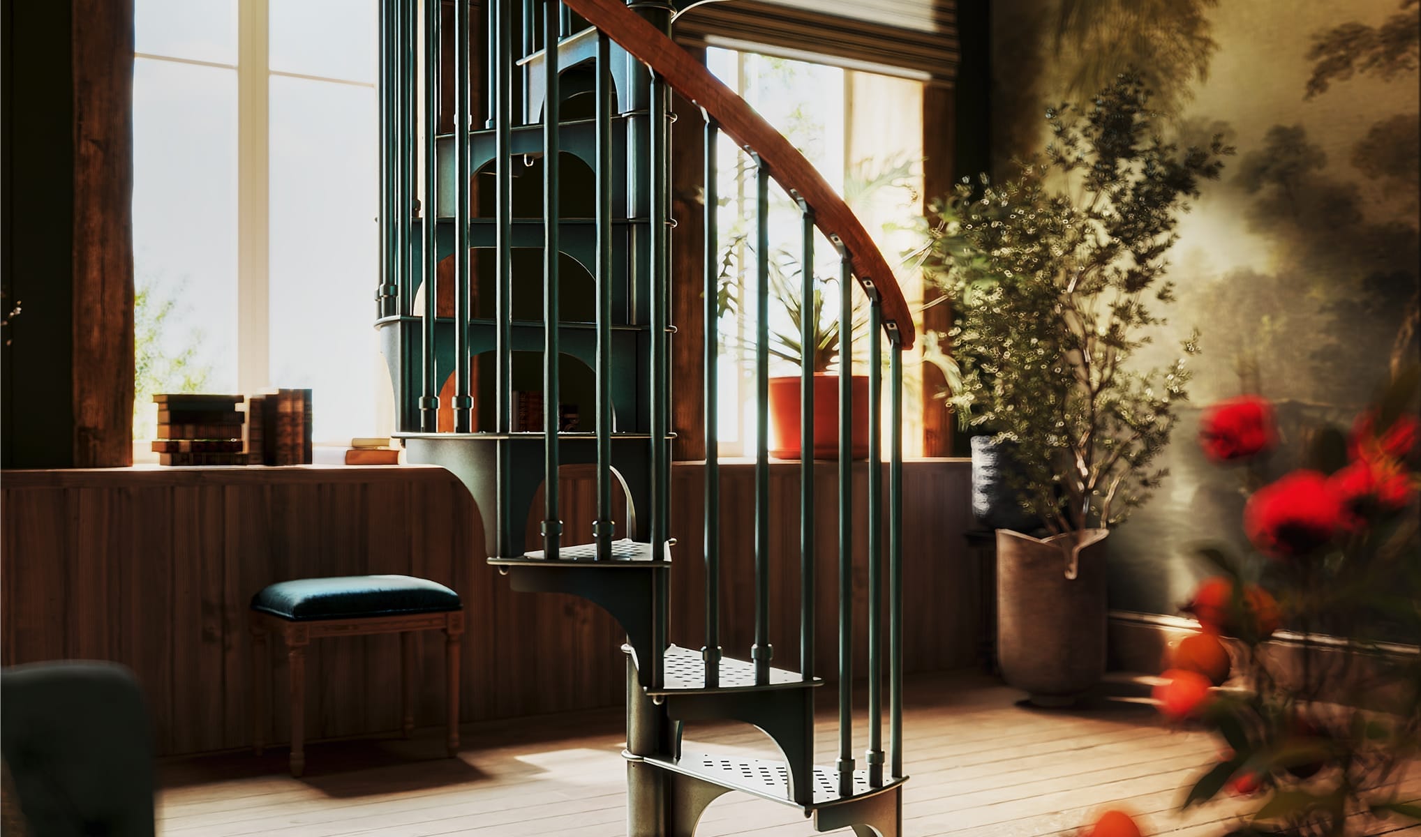 American Industrial Spiral series staircase in a moody library setting