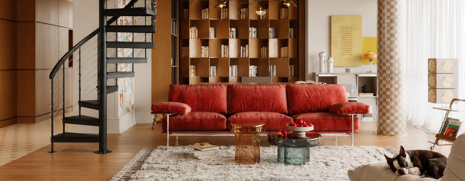 Metal spiral staircase with multi-line railing in a modern living room with built-in bookshelves