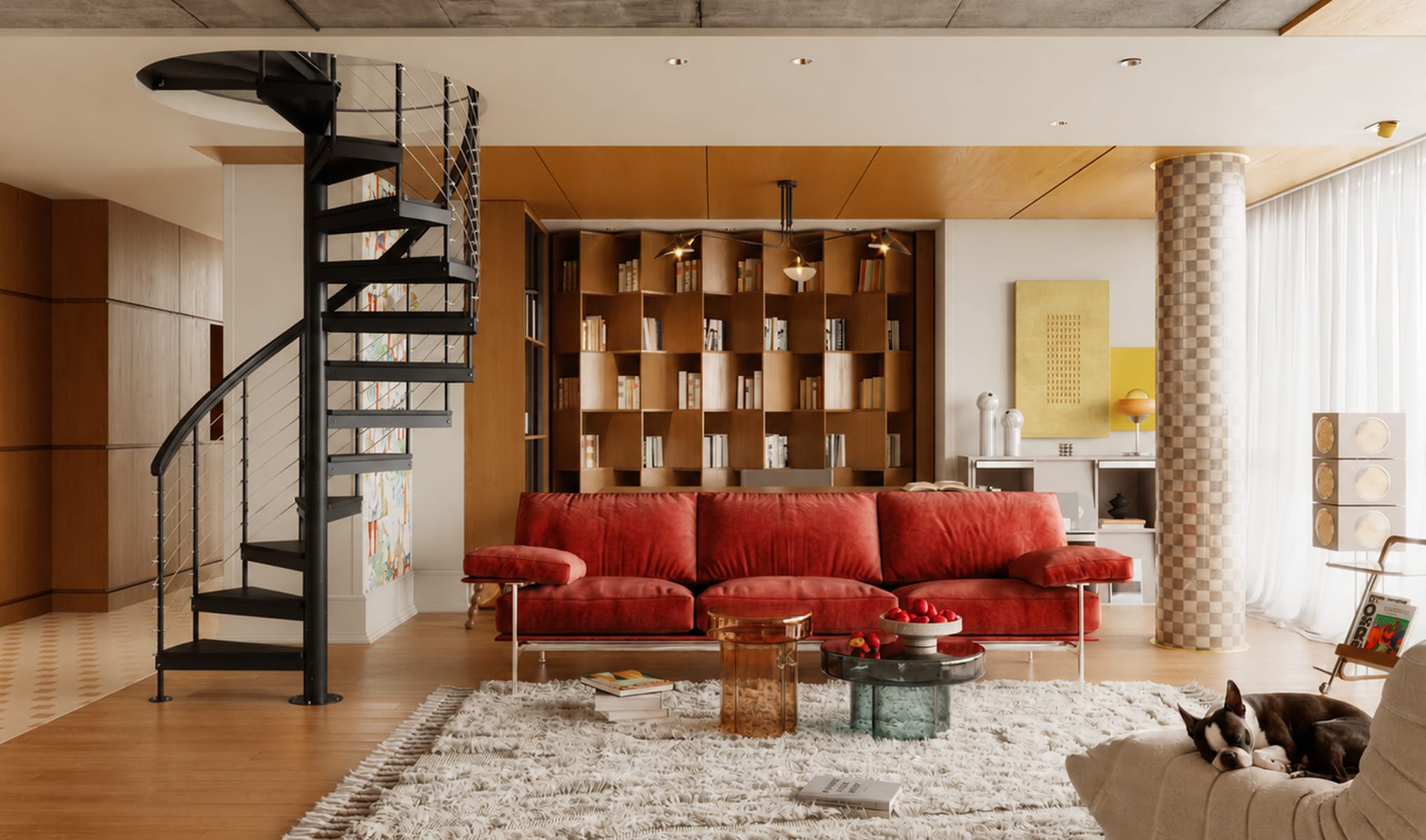 Metal spiral staircase with multi-line railing in a modern living room with built-in bookshelves