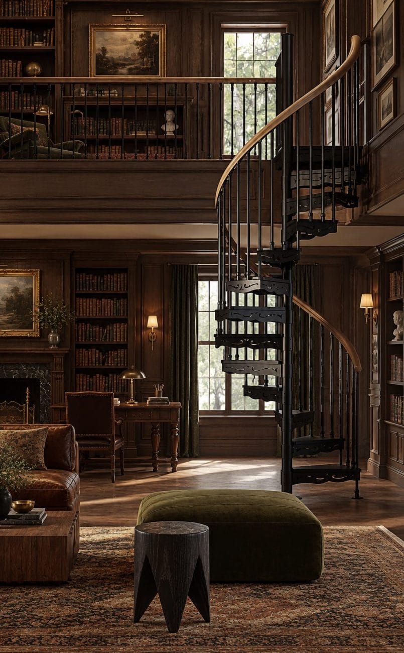 Victorain spiral staircase with ornate scrollwork brackets and wood handrail