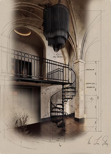 Sketch drawing of a Victorian spiral staircase with ornate scrollwork railing, set beneath a vaulted ceiling with structural dimension annotations